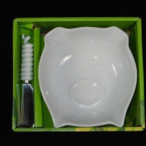 new pig face porcelain dipping bowl with spread knife. Boston Warehouse